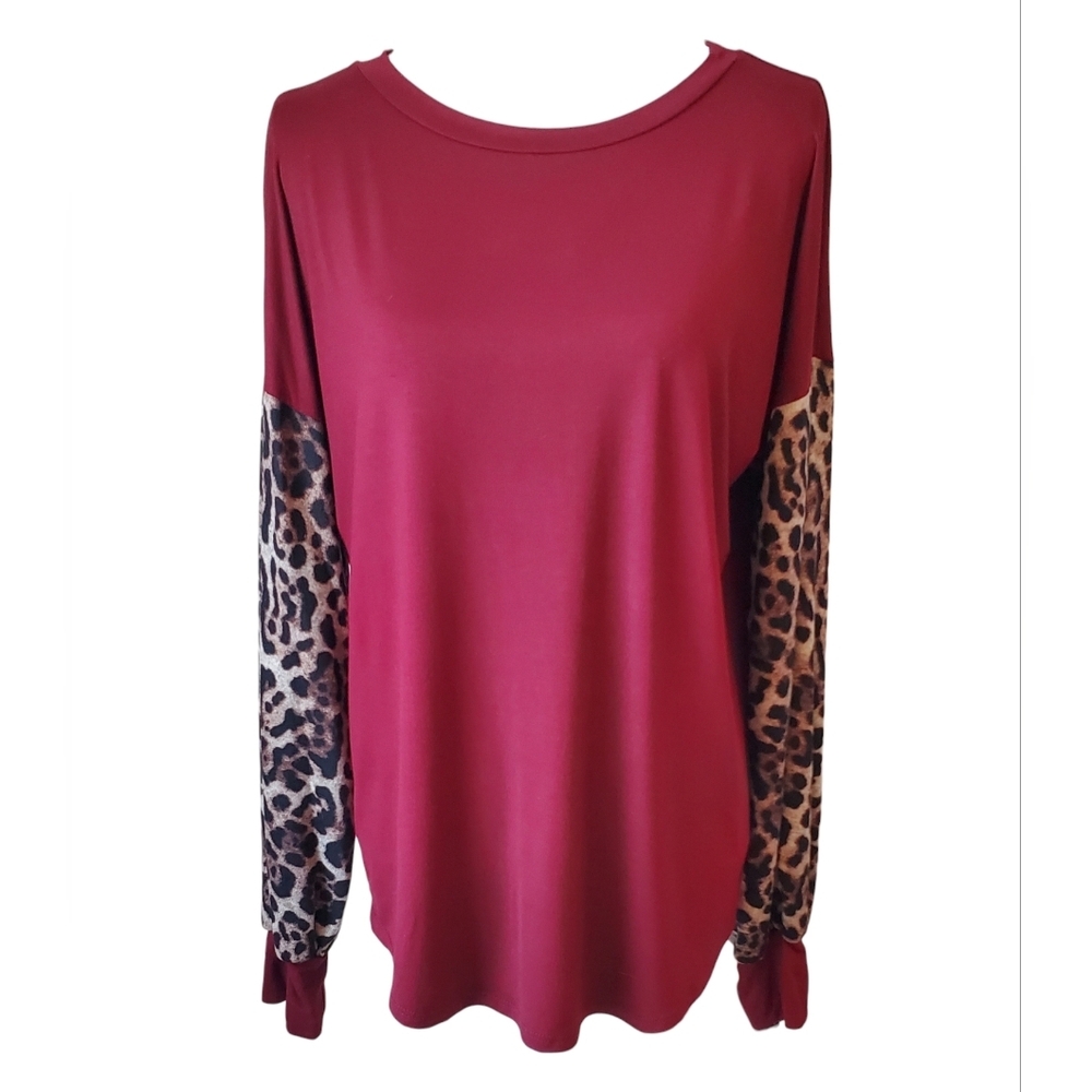 Magic Fit Burgundy Long Sleeve Raglan with Cuff Leopard Print Top Size L